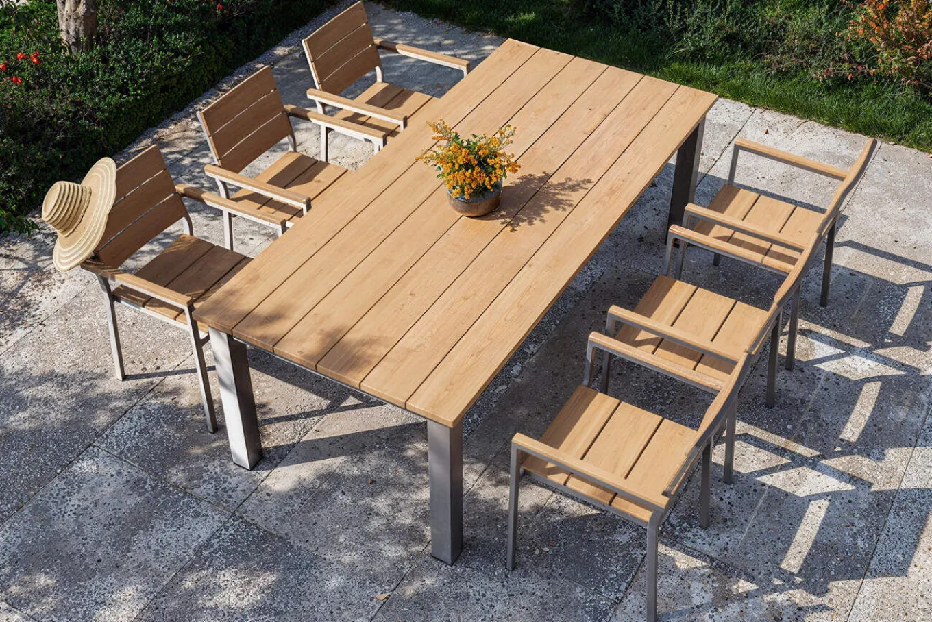 Best Falun Garten-Essgruppe mit 6 Sesseln, braun/silber, Teakholz/Edelstahl, 220/340 x 100 cm, ausziehbar, stapelbar, FSC®-zertifiziertes Produkt Garten-Essgruppen