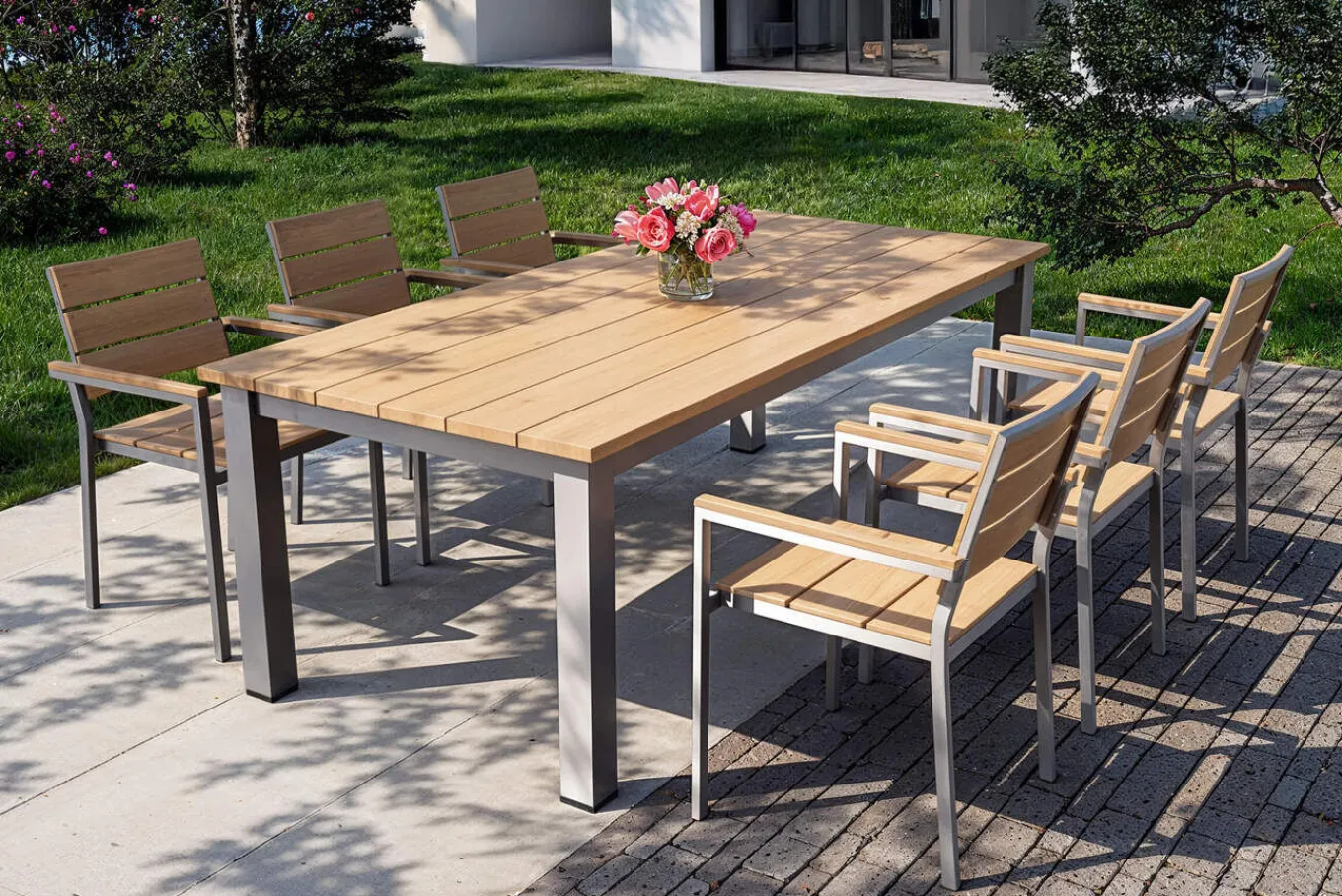 Best Falun Garten-Essgruppe mit 6 Sesseln, braun/silber, Teakholz/Edelstahl, 220/340 x 100 cm, ausziehbar, stapelbar, FSC®-zertifiziertes Produkt Garten-Essgruppen
