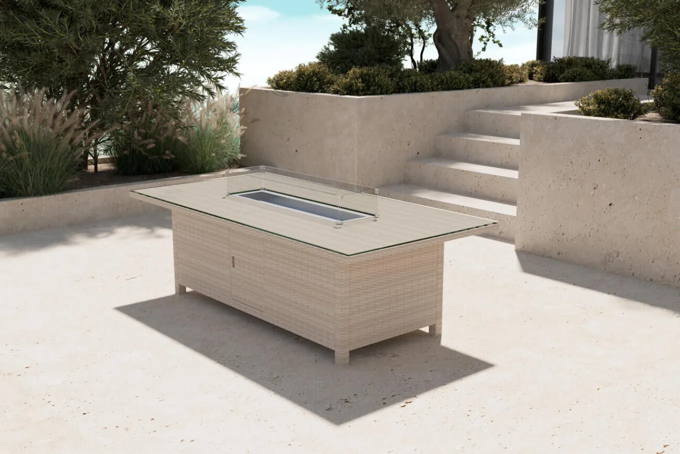 Feuertisch, beige meliert, Aluminium/Polyrattan/Glas, 200 x 100 cm, hitzebeständig, inklusive Schutzglas der Feuerstelle Gartentische|Polyrattan-Gartenmöbel