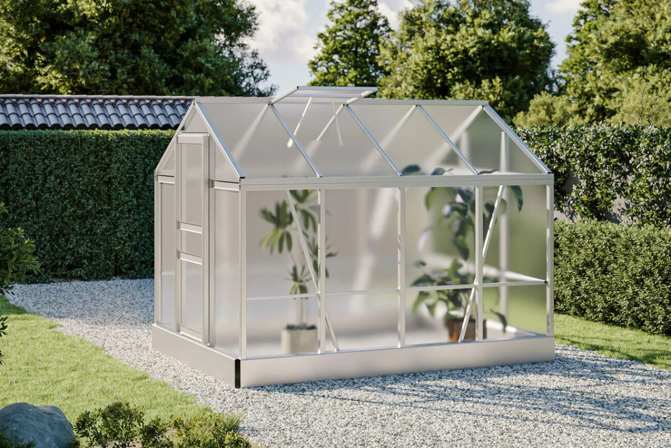 New Flora Gewächshaus, Silber, Aluminium, 250 x 190 x 200 cm, mit Spitzdach Gewächshaus|Aluminium-Gartenmöbel