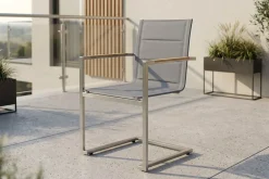 Discount Freischwinger, silber, Edelstahl/Textilene, padded, Armlehnen aus Teakholz Gartenstühle & Gartensessel