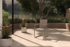 Clearance Freischwinger, taupe, Edelstahl/Textilene, padded, Armlehnen aus Teakholz Edelstahl-Gartenmöbel|Gartenstühle & Gartensessel