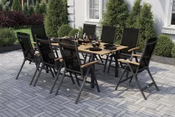 Outlet Garten-Essgruppe, anthrazit matt, Alu / Teak / Textil, Tisch 150/210x90cm, 8 Klappstühle Garten-Essgruppen|Aluminium-Gartenmöbel