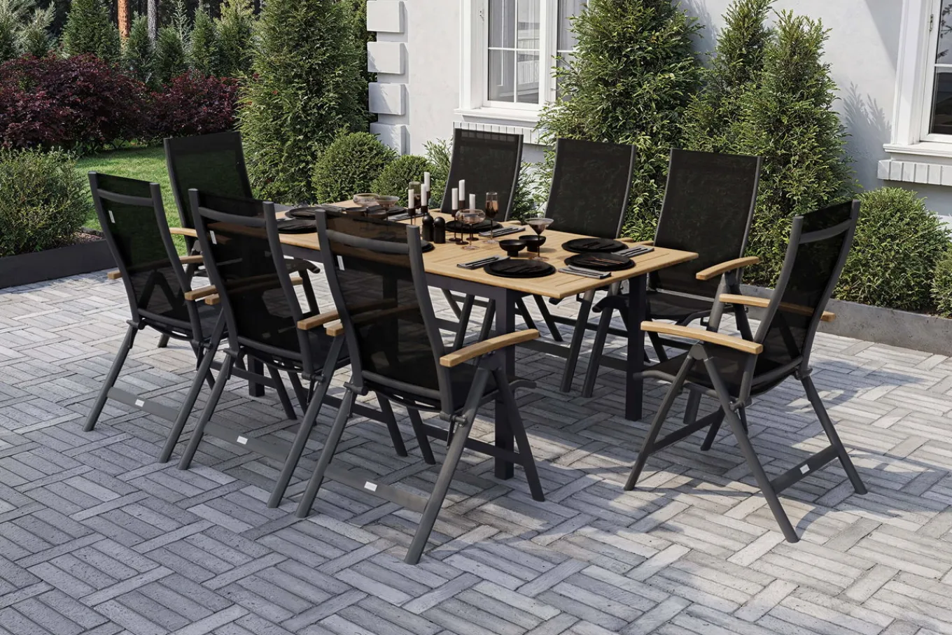 Outlet Garten-Essgruppe, anthrazit matt, Alu / Teak / Textil, Tisch 150/210x90cm, 8 Klappstühle Garten-Essgruppen|Aluminium-Gartenmöbel