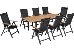 Outlet Garten-Essgruppe, anthrazit matt, Alu / Teak / Textil, Tisch 150/210x90cm, 8 Klappstühle Garten-Essgruppen|Aluminium-Gartenmöbel