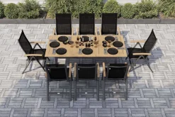 Outlet Garten-Essgruppe, anthrazit matt, Alu / Teak / Textil, Tisch 150/210x90cm, 8 Klappstühle Garten-Essgruppen|Aluminium-Gartenmöbel
