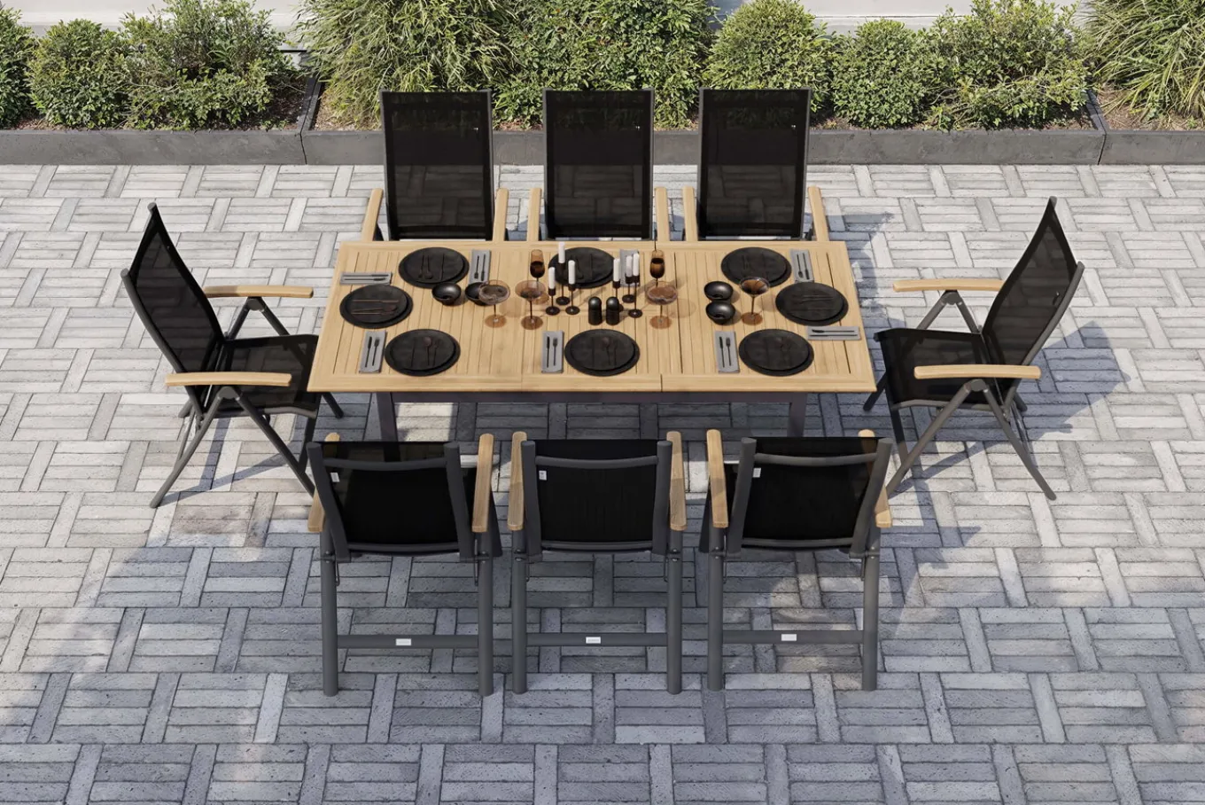 Outlet Garten-Essgruppe, anthrazit matt, Alu / Teak / Textil, Tisch 150/210x90cm, 8 Klappstühle Garten-Essgruppen|Aluminium-Gartenmöbel