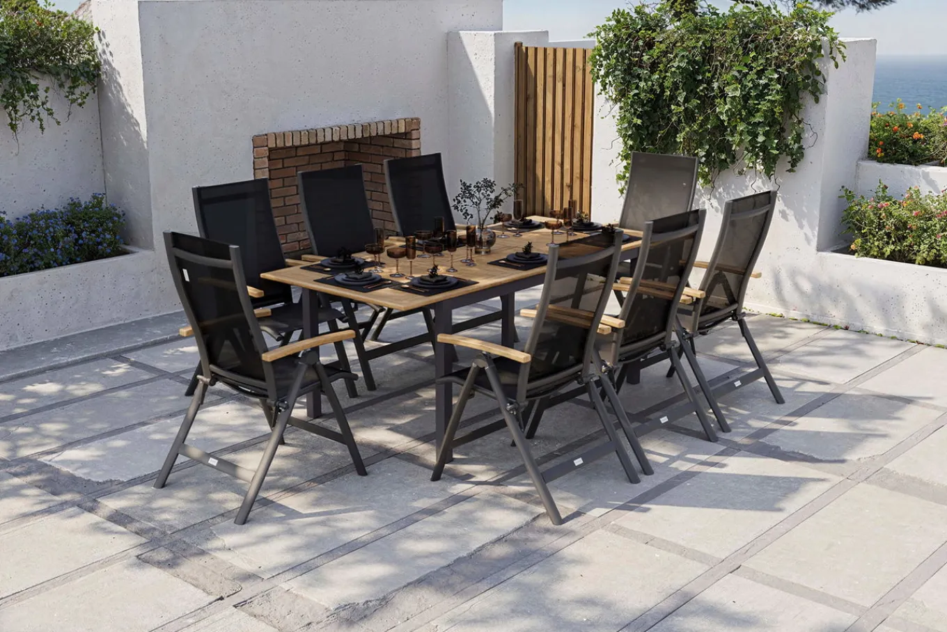 Outlet Garten-Essgruppe, anthrazit matt, Alu / Teak / Textil, Tisch 150/210x90cm, 8 Klappstühle Garten-Essgruppen|Aluminium-Gartenmöbel