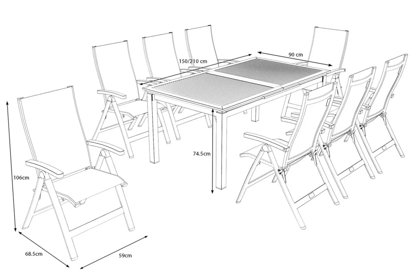 Outlet Garten-Essgruppe, anthrazit matt, Alu / Teak / Textil, Tisch 150/210x90cm, 8 Klappstühle Garten-Essgruppen|Aluminium-Gartenmöbel