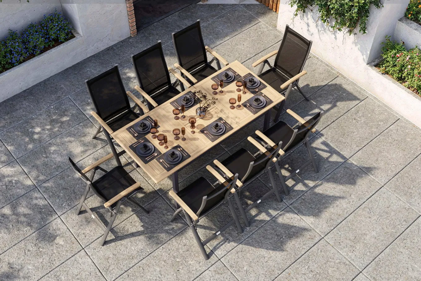 Outlet Garten-Essgruppe, anthrazit matt, Alu / Teak / Textil, Tisch 150/210x90cm, 8 Klappstühle Garten-Essgruppen|Aluminium-Gartenmöbel