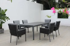Hot Garten-Essgruppe, anthrazit, Alu, Ausziehtisch 180/270x100 cm, 6 Diningsessel Aluminium-Gartenmöbel
