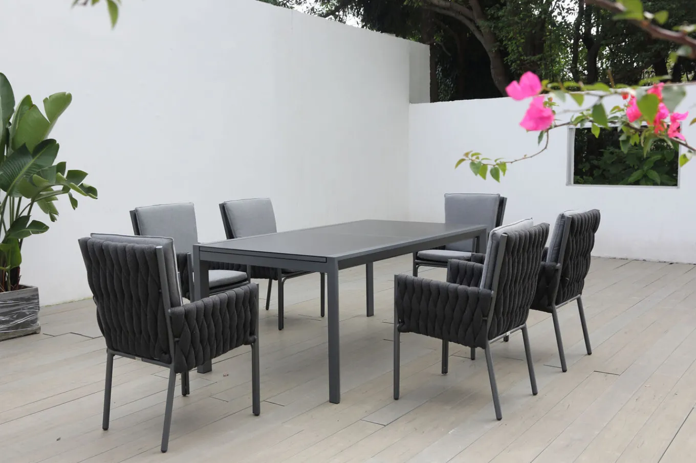Hot Garten-Essgruppe, anthrazit, Alu, Ausziehtisch 180/270x100 cm, 6 Diningsessel Aluminium-Gartenmöbel