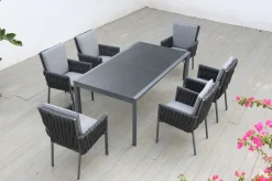 Hot Garten-Essgruppe, anthrazit, Alu, Ausziehtisch 180/270x100 cm, 6 Diningsessel Aluminium-Gartenmöbel