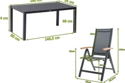 Sale Garten-Essgruppe, anthrazit matt, Alu/Spraystone/Textilen, 160x95 cm, 6 Klappstühle, Teak Armlehnen Aluminium-Gartenmöbel