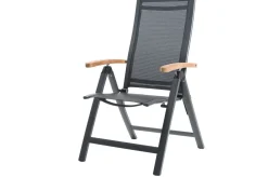 Sale Garten-Essgruppe, anthrazit matt, Alu/Spraystone/Textilen, 160x95 cm, 6 Klappstühle, Teak Armlehnen Aluminium-Gartenmöbel