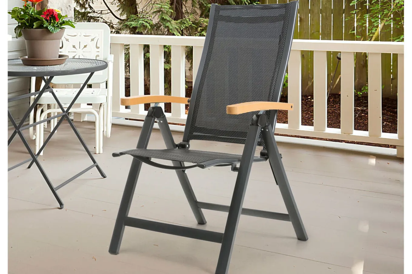 Online Garten-Essgruppe, anthrazit matt/grau/schwarz, Alu/Spraystone/Textilen, 160 x 95 cm, 6 Klappstühle Aluminium-Gartenmöbel