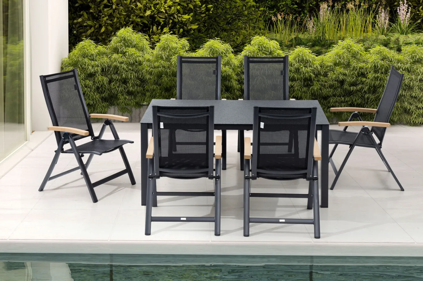 Online Garten-Essgruppe, anthrazit matt/grau/schwarz, Alu/Spraystone/Textilen, 160 x 95 cm, 6 Klappstühle Aluminium-Gartenmöbel