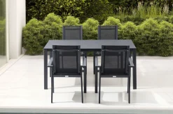 Outlet Garten-Essgruppe, anthrazit matt, Alu/Spraystone/Textilen, 160x95 cm, 4 Stapelsessel Garten-Essgruppen|Aluminium-Gartenmöbel