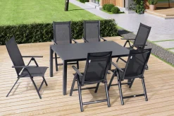 Clearance Garten-Essgruppe, anthrazit, Alu/Spraystone/Textilen, 160x95 cm, 6 Klappstühle Garten-Essgruppen