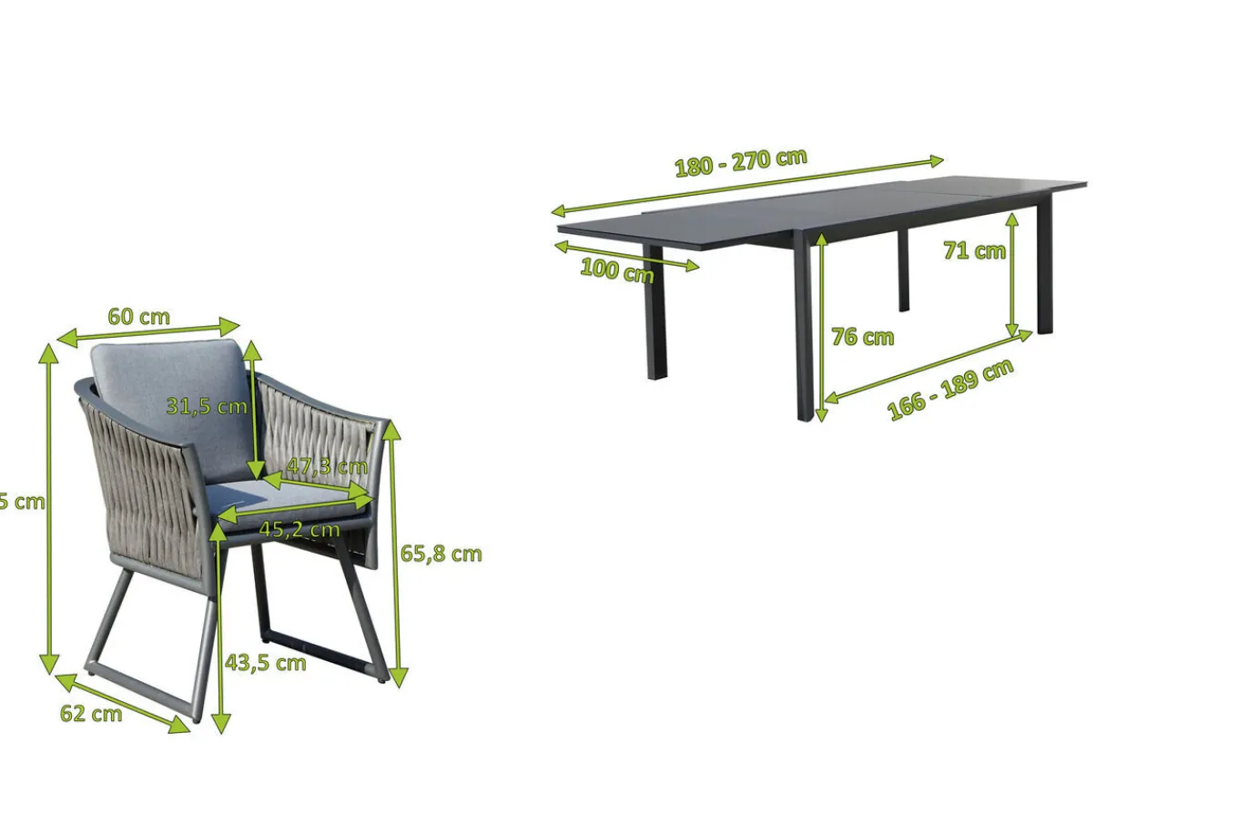 Online Garten-Essgruppe, anthrazit, Alu, Ausziehtisch 180/270x100 cm, 8 Sessel Garten-Essgruppen|Aluminium-Gartenmöbel
