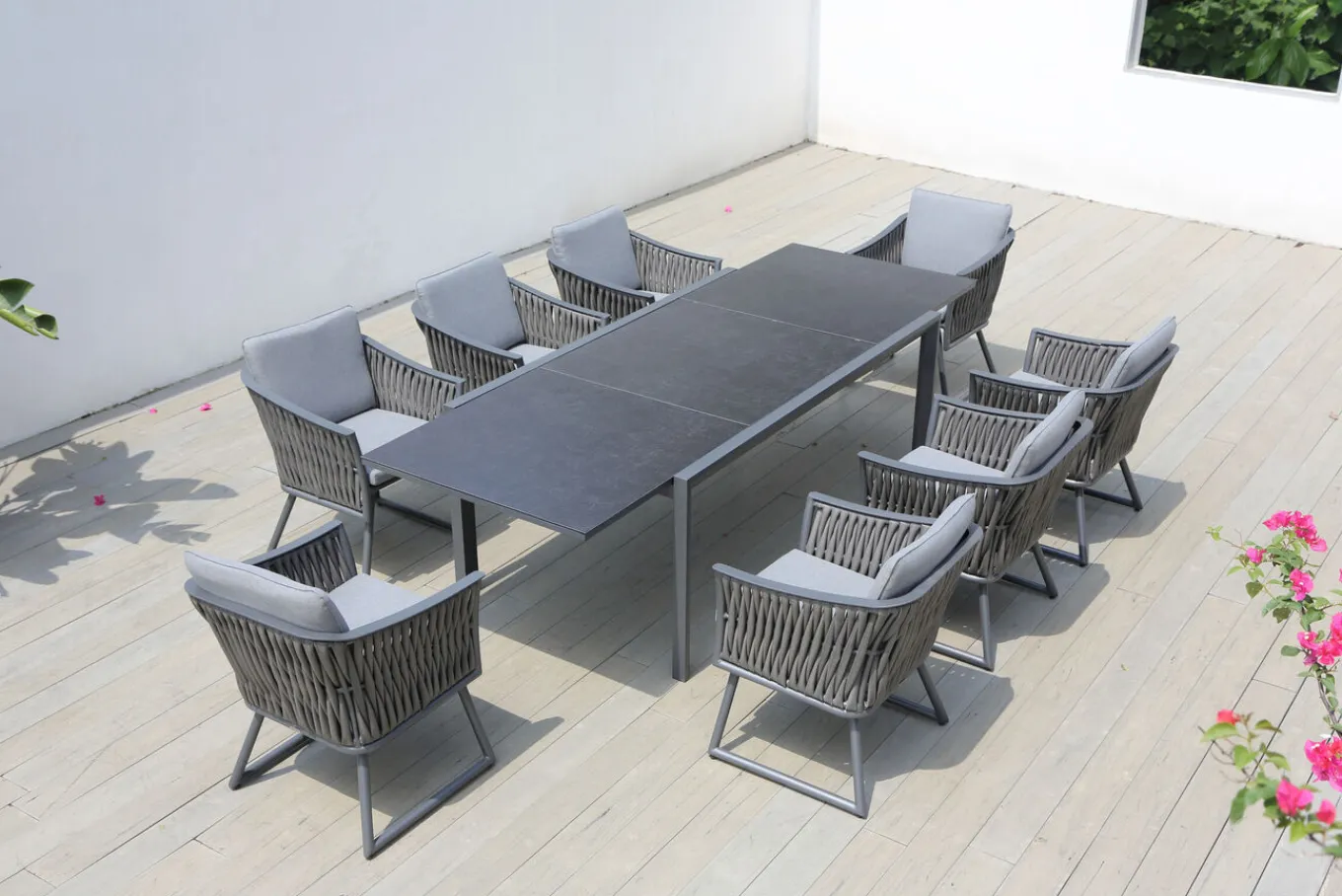 Online Garten-Essgruppe, anthrazit, Alu, Ausziehtisch 180/270x100 cm, 8 Sessel Garten-Essgruppen|Aluminium-Gartenmöbel