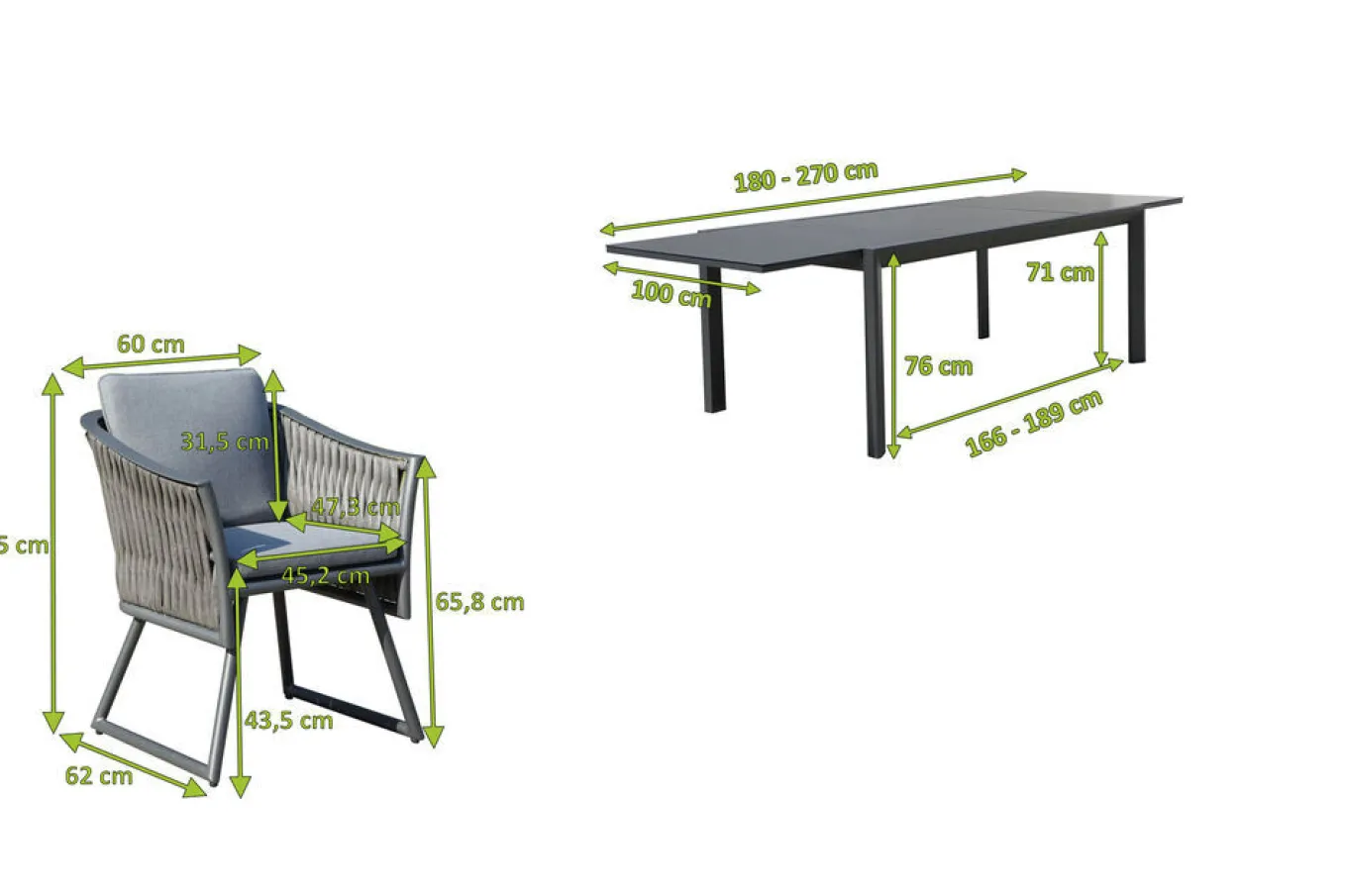 Online Garten-Essgruppe, anthrazit, Alu, Ausziehtisch 180/270x100 cm, 8 Sessel Garten-Essgruppen|Aluminium-Gartenmöbel