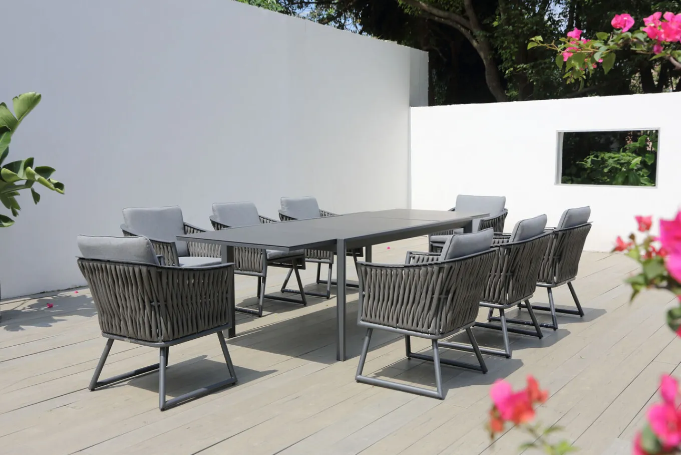 Online Garten-Essgruppe, anthrazit, Alu, Ausziehtisch 180/270x100 cm, 8 Sessel Garten-Essgruppen|Aluminium-Gartenmöbel