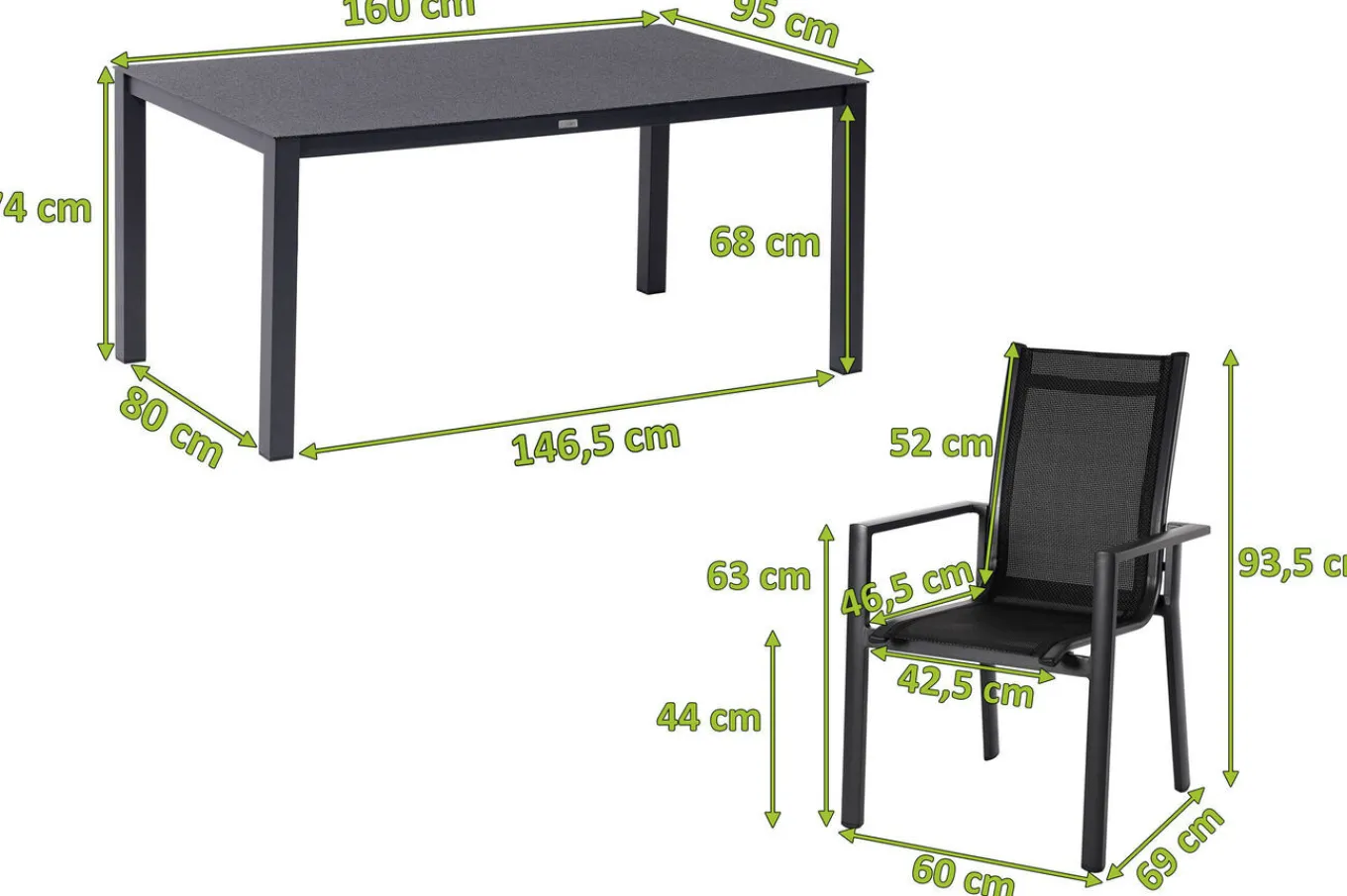 Discount Garten-Essgruppe, anthrazit matt, Alu/Spraystone/Textilen, 160x95 cm, 6 Stapelsessel Garten-Essgruppen