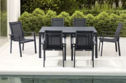Discount Garten-Essgruppe, anthrazit matt, Alu/Spraystone/Textilen, 160x95 cm, 6 Stapelsessel Garten-Essgruppen