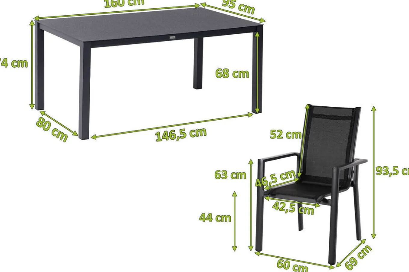 Discount Garten-Essgruppe, anthrazit matt, Alu/Spraystone/Textilen, 160x95 cm, 6 Stapelsessel Garten-Essgruppen