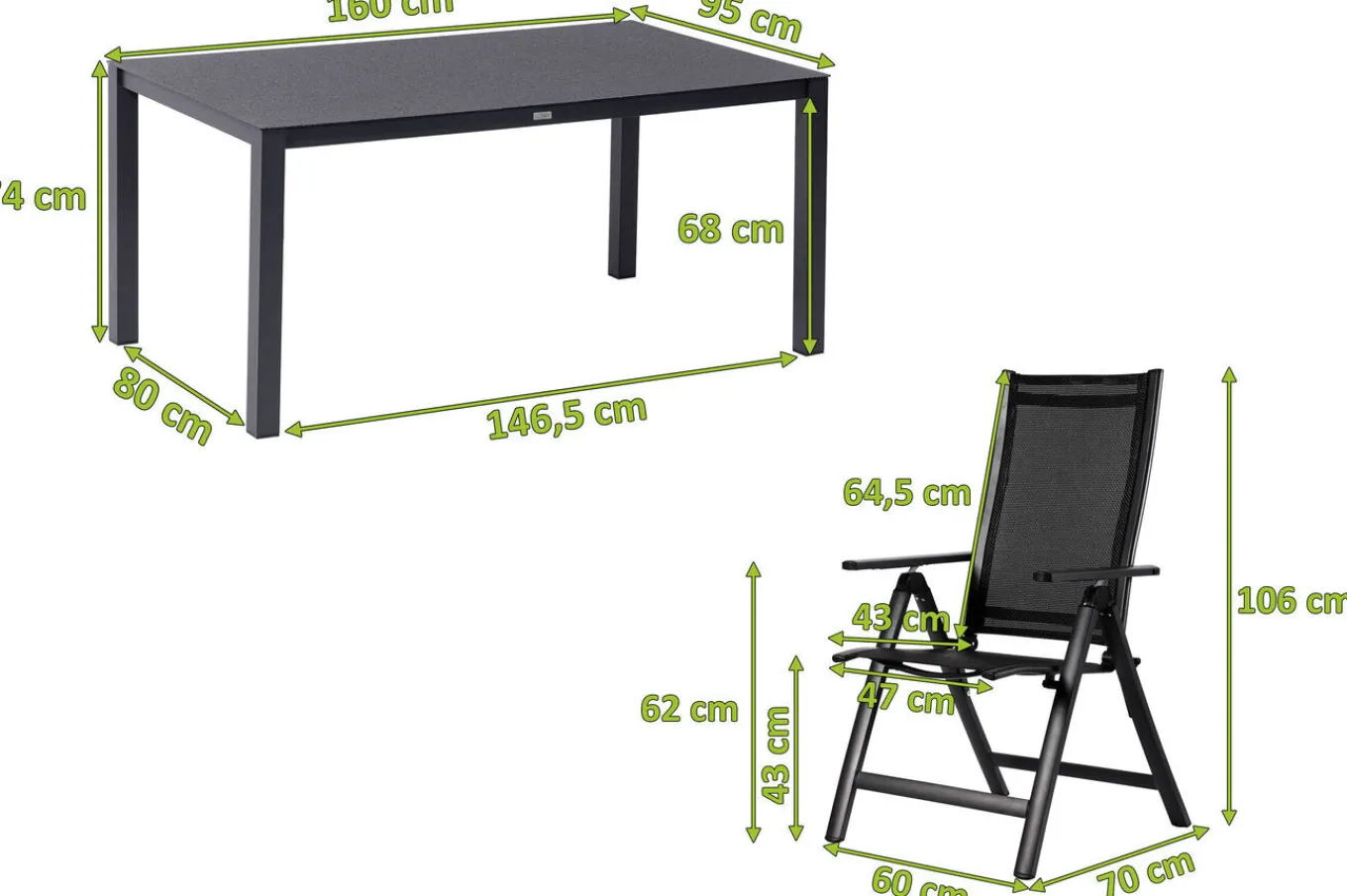 Discount Garten-Essgruppe, anthrazit matt, Alu/Spraystone/Textilen, 160 x 95 cm, 4 Klappstühle Garten-Essgruppen