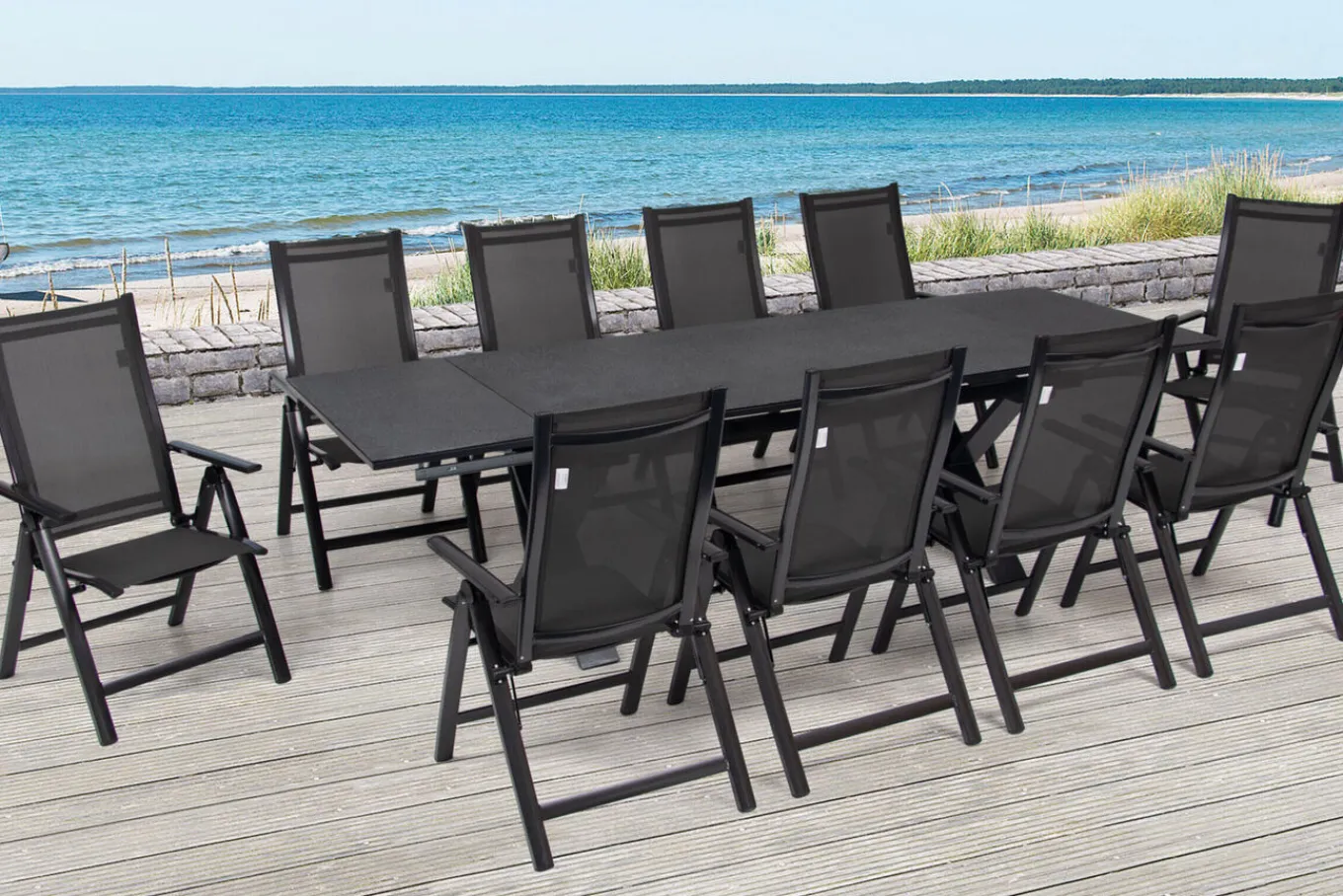 Discount Garten-Essgruppe, anthrazit, Alu / Keramik / Textil, 180/280x100cm, 10 Klappstühle Garten-Essgruppen