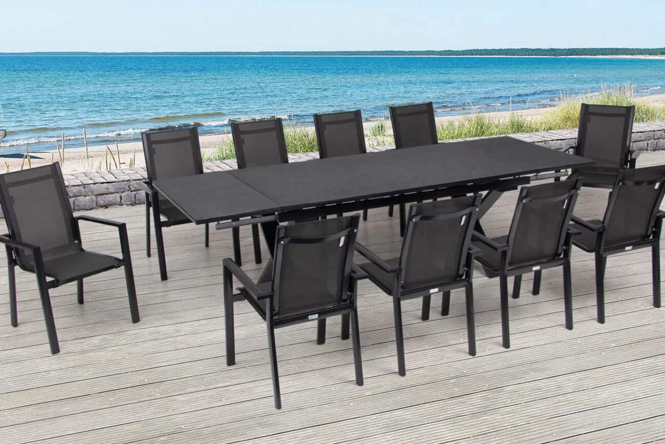 Outlet Garten-Essgruppe, anthrazit, Alu / Keramik / Textil, 180/280x100cm, 10 Stapelsessel Garten-Essgruppen