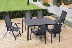 Clearance Garten-Essgruppe, anthrazit, Alu/Spraystone/Textilen, 160 x 95 cm, 4 Stapelsessel, 2 Klappstühle Garten-Essgruppen