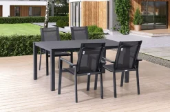 Garten-Essgruppe, anthrazit, Alu/Spraystone/Textilen, 160x95 cm, 4 Stapelsessel Garten-Essgruppen