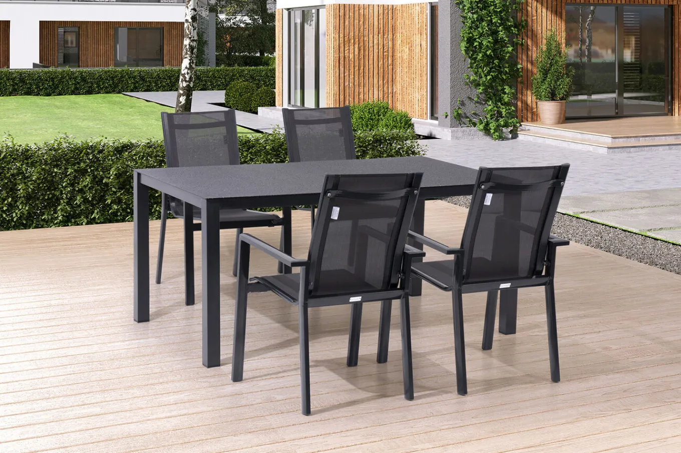 Garten-Essgruppe, anthrazit, Alu/Spraystone/Textilen, 160x95 cm, 4 Stapelsessel Garten-Essgruppen