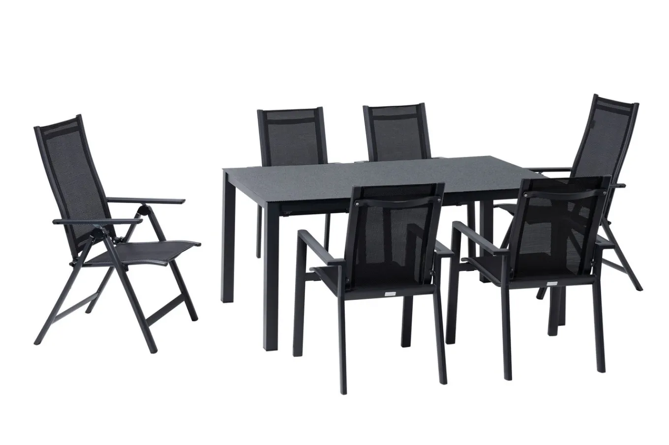 Discount Garten-Essgruppe, anthrazit matt, Alu/Spraystone/Textilen, 160 x 95 cm, 4 Stapelsessel, 2 Klappstühle Garten-Essgruppen