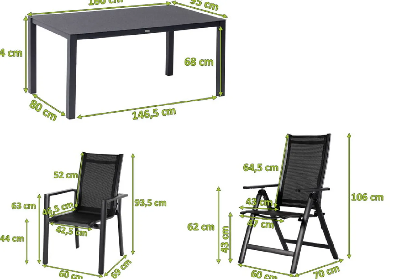 Discount Garten-Essgruppe, anthrazit matt, Alu/Spraystone/Textilen, 160 x 95 cm, 4 Stapelsessel, 2 Klappstühle Garten-Essgruppen