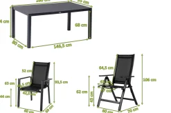 Discount Garten-Essgruppe, anthrazit matt, Alu/Spraystone/Textilen, 160 x 95 cm, 4 Stapelsessel, 2 Klappstühle Garten-Essgruppen