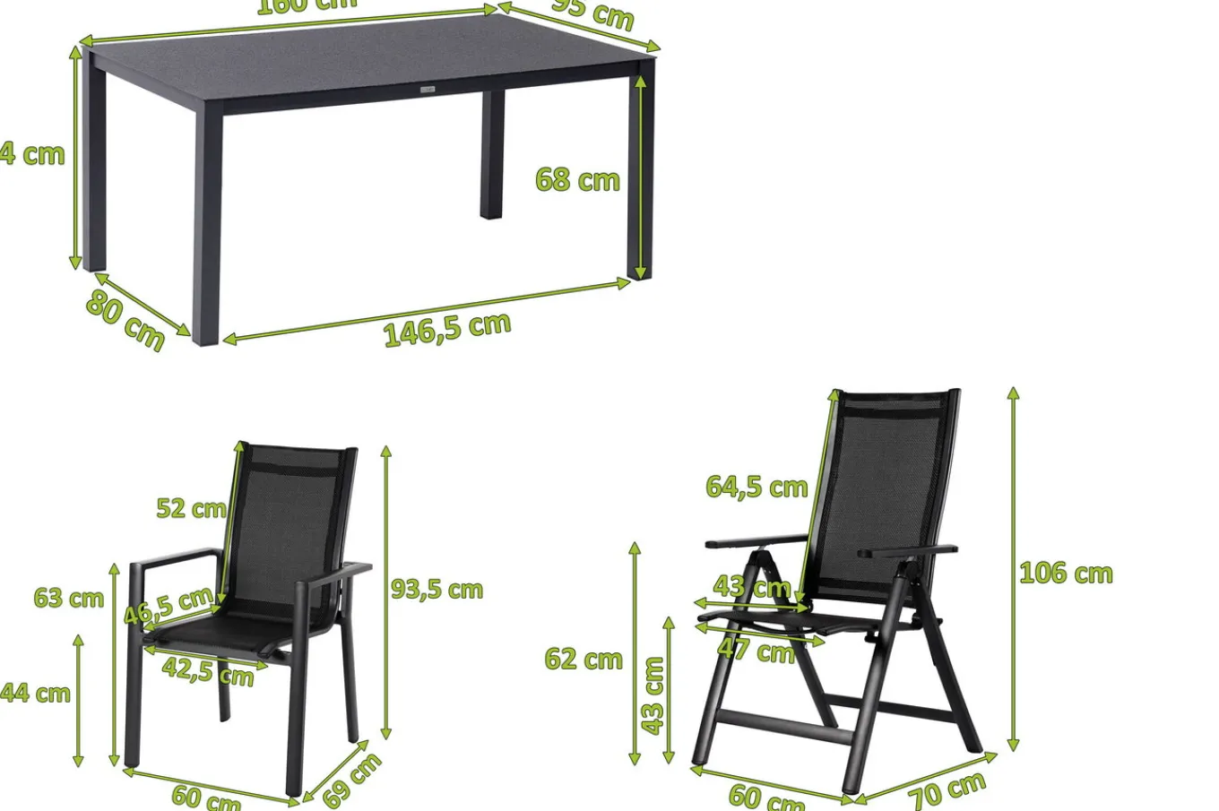 Discount Garten-Essgruppe, anthrazit matt, Alu/Spraystone/Textilen, 160 x 95 cm, 4 Stapelsessel, 2 Klappstühle Garten-Essgruppen