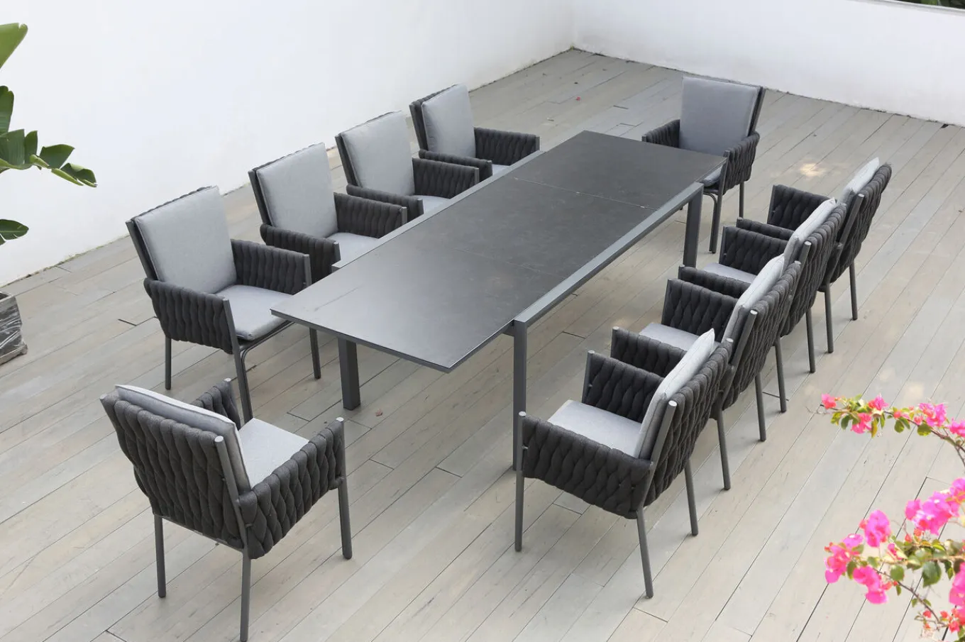 Discount Garten-Essgruppe, anthrazit, Alu, Ausziehtisch 180/270x100 cm, 10 Sessel Garten-Essgruppen|Aluminium-Gartenmöbel