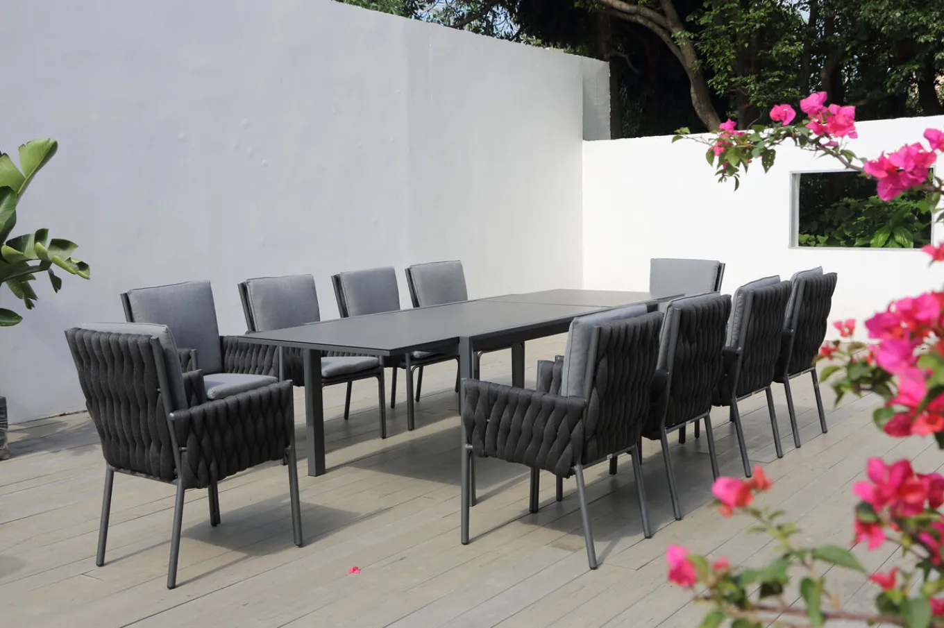 Discount Garten-Essgruppe, anthrazit, Alu, Ausziehtisch 180/270x100 cm, 10 Sessel Garten-Essgruppen|Aluminium-Gartenmöbel