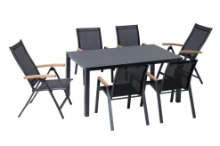 New Garten-Essgruppe, anthrazit matt/grau/schwarz, Alu/Spraystone/Textilen, 160 x 95 cm, 4 Stapelstühle, 2 Klappstühle Garten-Essgruppen
