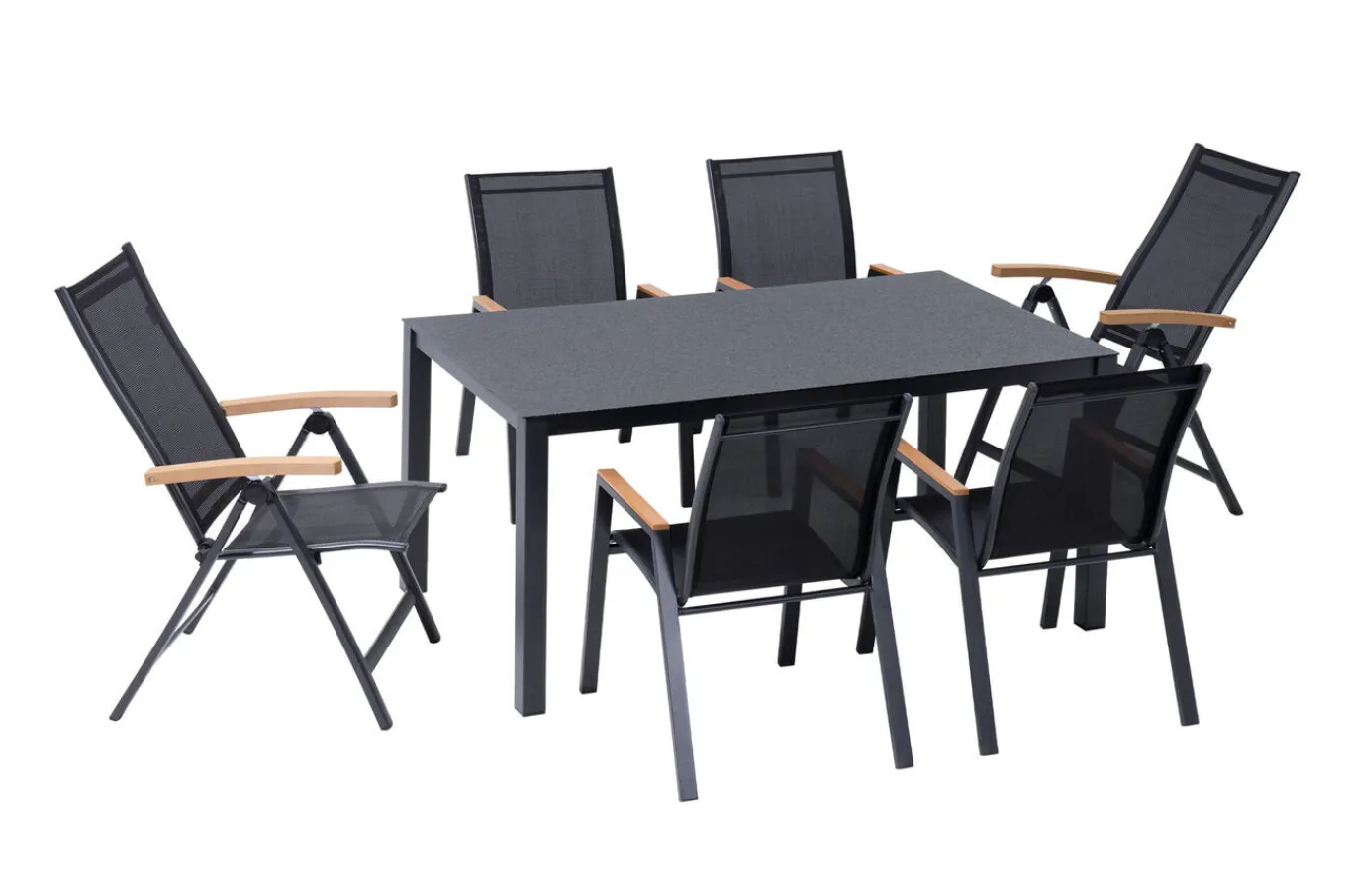 New Garten-Essgruppe, anthrazit matt/grau/schwarz, Alu/Spraystone/Textilen, 160 x 95 cm, 4 Stapelstühle, 2 Klappstühle Garten-Essgruppen