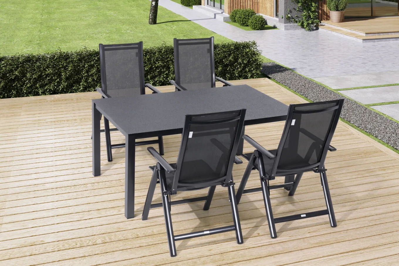 New Garten-Essgruppe, anthrazit, Alu/Spraystone/Textilen, 160x95 cm, 4 Klappstühle Garten-Essgruppen
