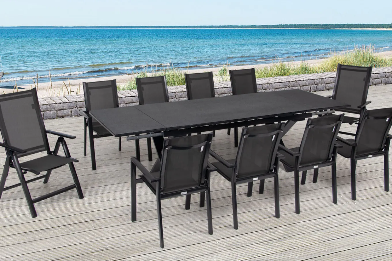 Best Garten-Essgruppe, anthrazit, Alu / Keramik / Textil, 180/280x100cm, 2 Klappstühle, 8 Stapelsessel Garten-Essgruppen