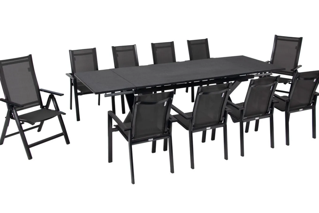 Best Garten-Essgruppe, anthrazit, Alu / Keramik / Textil, 180/280x100cm, 2 Klappstühle, 8 Stapelsessel Garten-Essgruppen