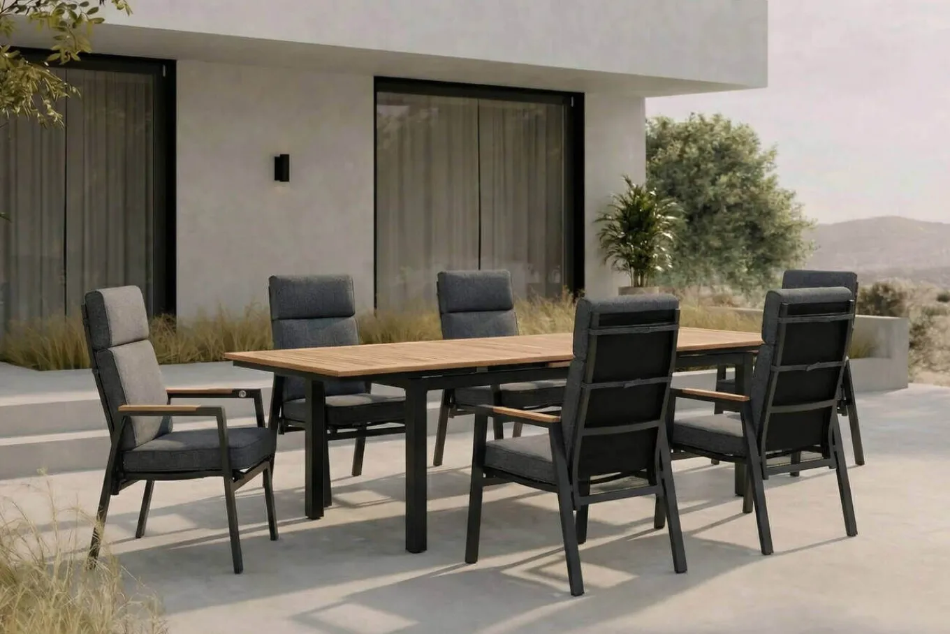 Outlet Garten-Essgruppe, Anthrazit, Aluminium/Teak, Ausziehtisch ca. 183/243 x 100 cm, 6x Sessel Garten-Essgruppen|Aluminium-Gartenmöbel