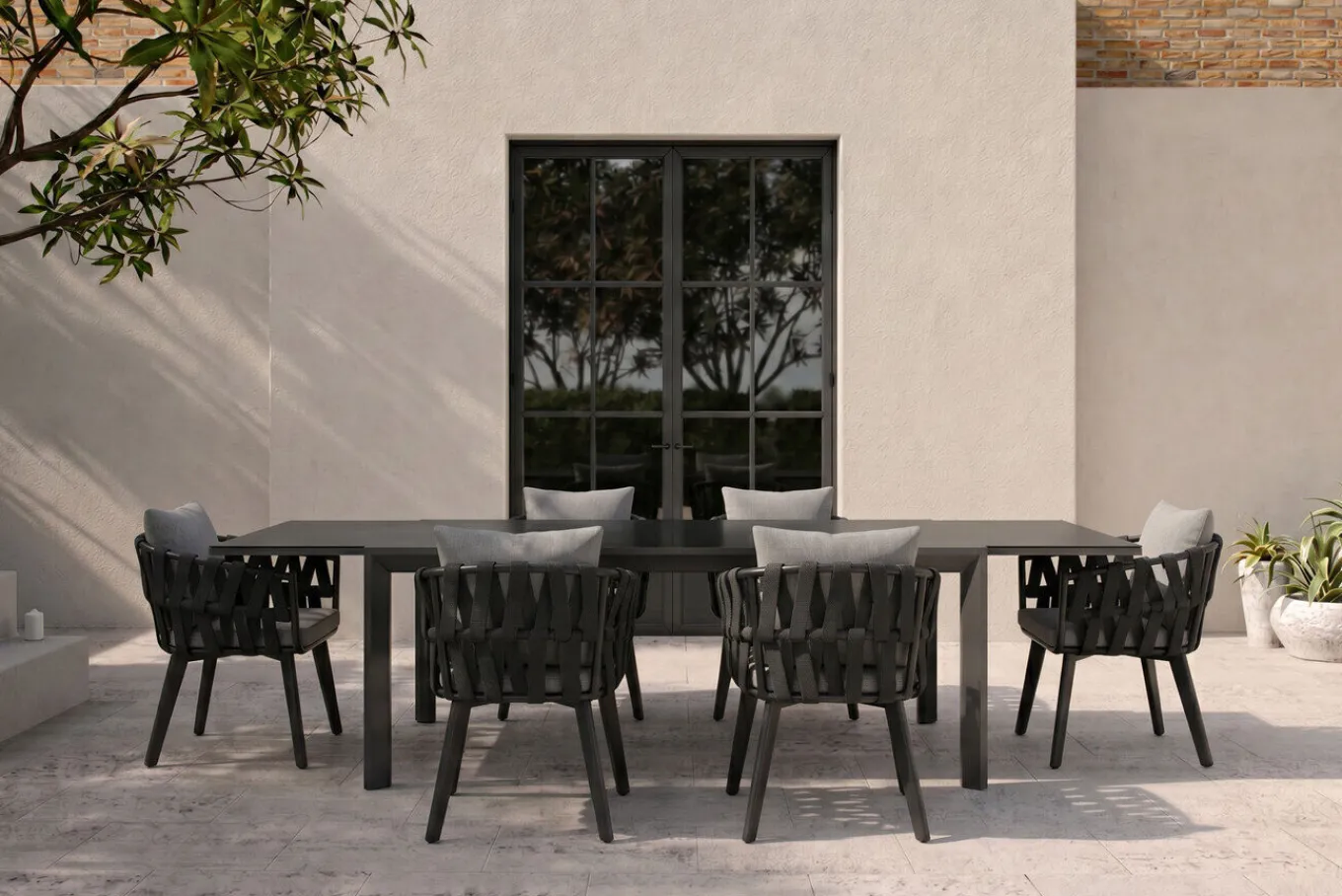 Discount Garten-Essgruppe, anthrazit, Aluminium/Glaskeramik, Ausziehtisch, 6 Sessel Garten-Essgruppen|Aluminium-Gartenmöbel