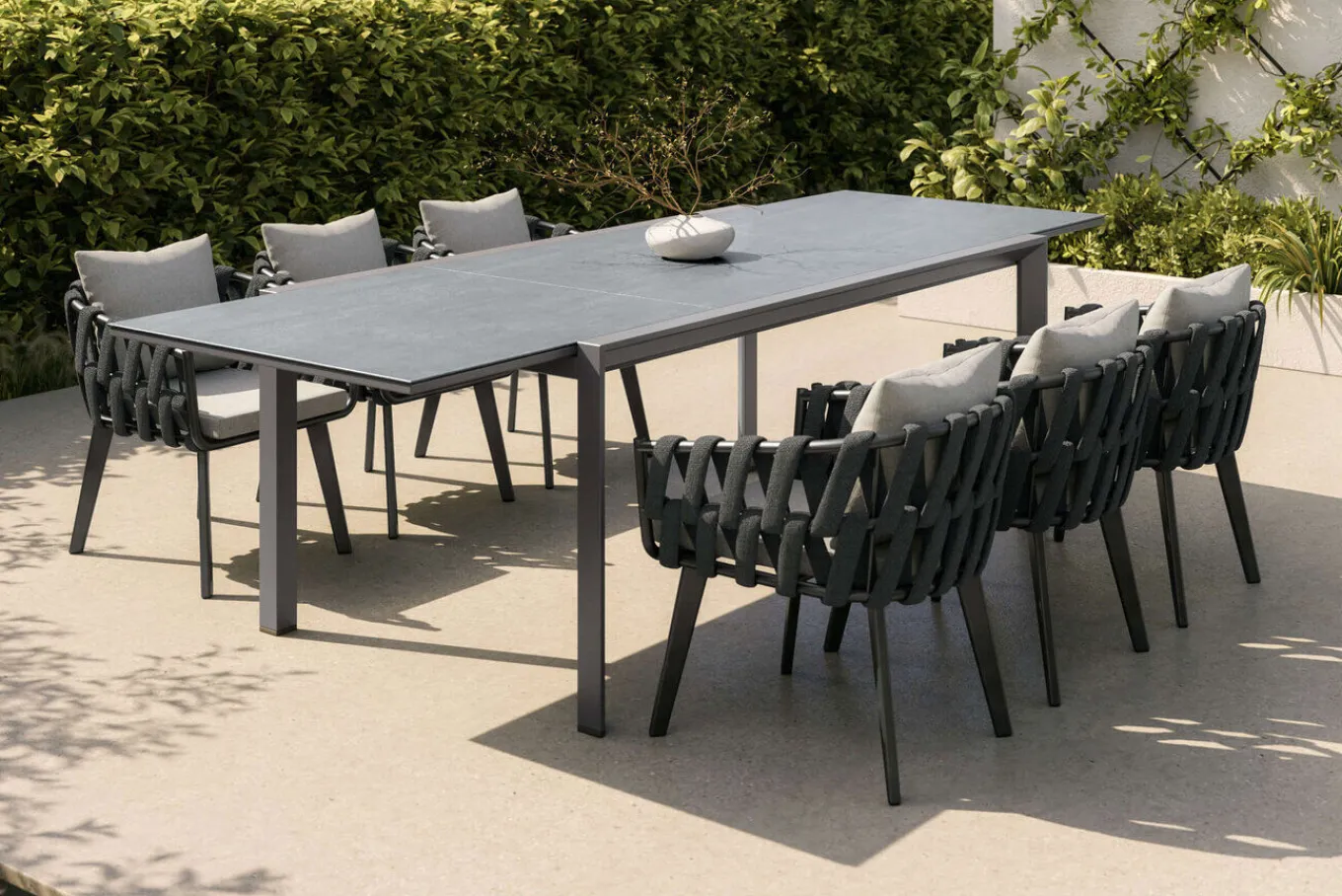 Discount Garten-Essgruppe, anthrazit, Aluminium/Glaskeramik, Ausziehtisch, 6 Sessel Garten-Essgruppen|Aluminium-Gartenmöbel